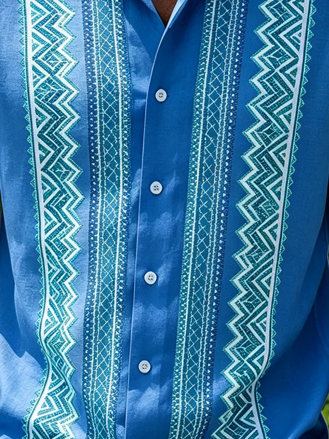 Linen-Texture Abstract Striped Chest Pocket Casual Guayabera Shirt