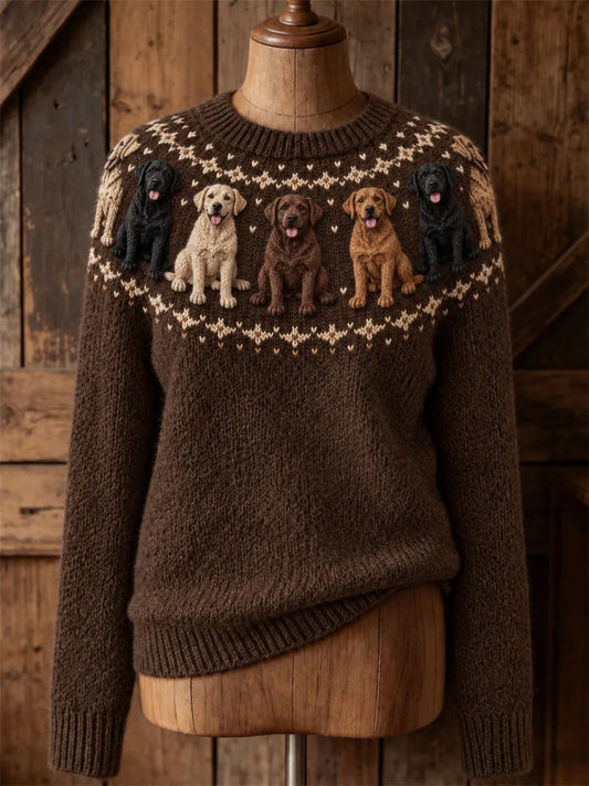Women's Vintage Labrador Dogs Yoke Isle Print Cozy crew neck sweater