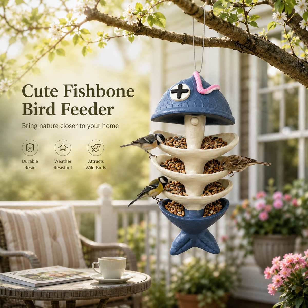 Fishbone Hanging Bird Feeder - Whimsical Outdoor Garden Decor for Bird Lovers