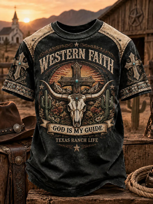 Men's Vintage Western Western Faith Longhorn Skull Cross Print T-shirt
