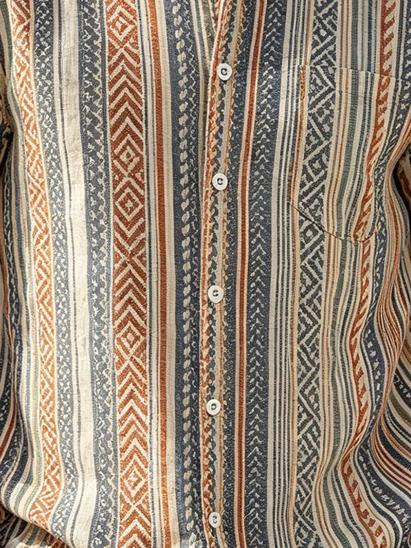Linen-Texture Geometric Stripe  Chest Pocket Holiday Hawaiian Shirt