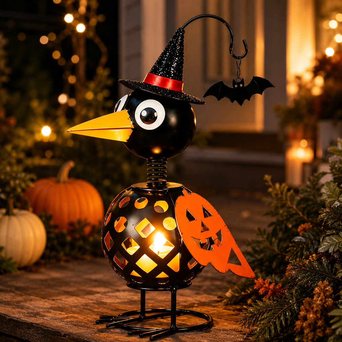 Halloween Crow Candle Holder – Metal Witch Bird Lantern with Pumpkin Wing & Hanging Bat