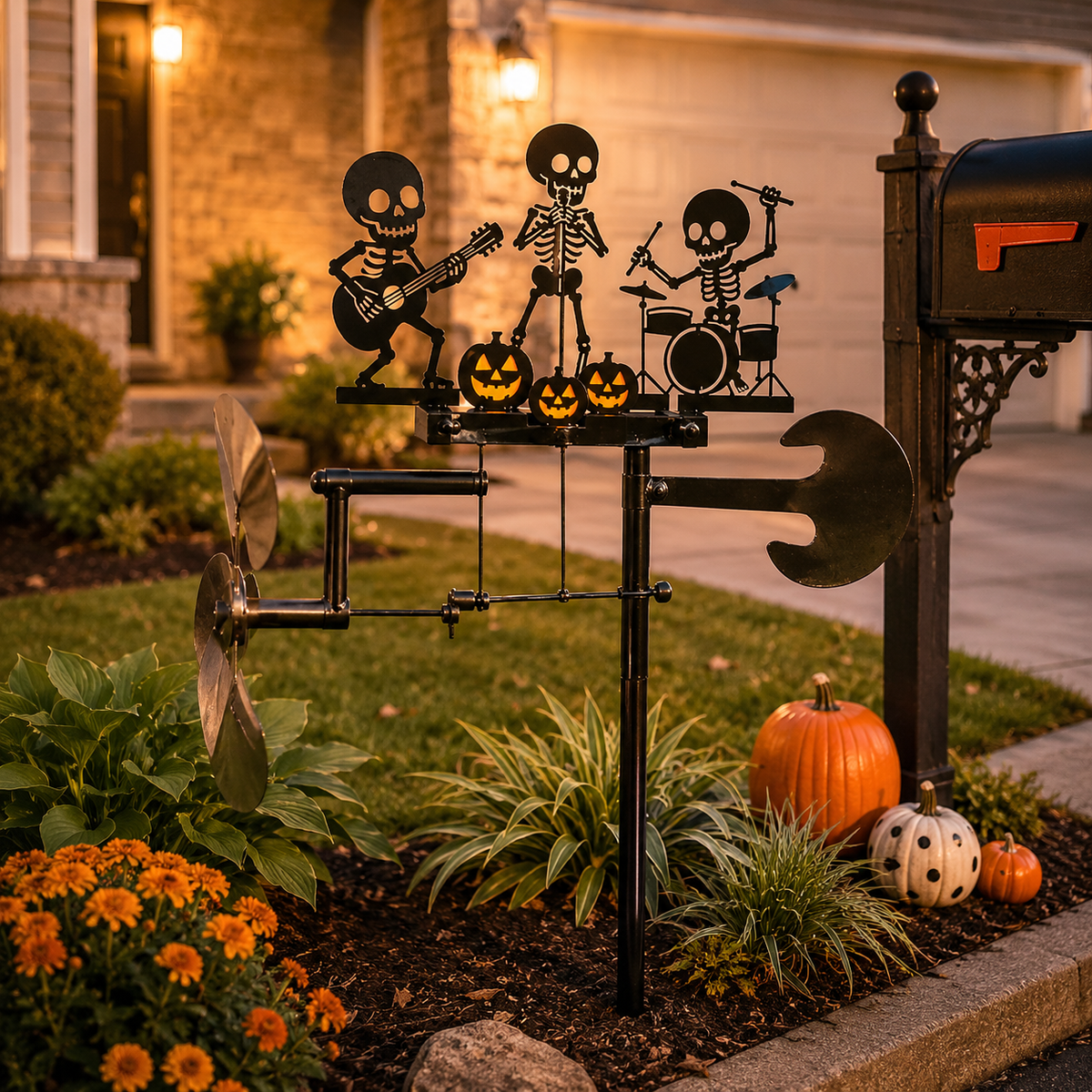 Halloween Skeleton Band Kinetic Wind Spinner - Metal Outdoor Garden Stake Decoration