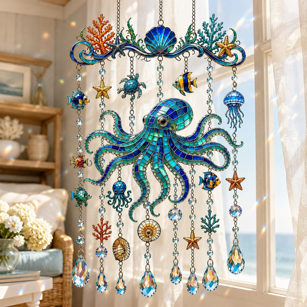 Ocean Sun Catcher Wind Chime - Coastal Style Windows and Porch Crystal Decorations