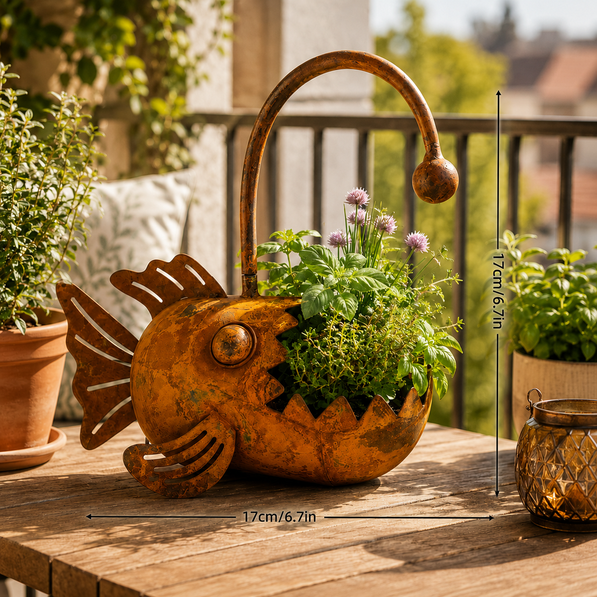 Rustic Metal Fish Planter – Whimsical Anglerfish Flower Pot for Home, Garden & Patio Decor