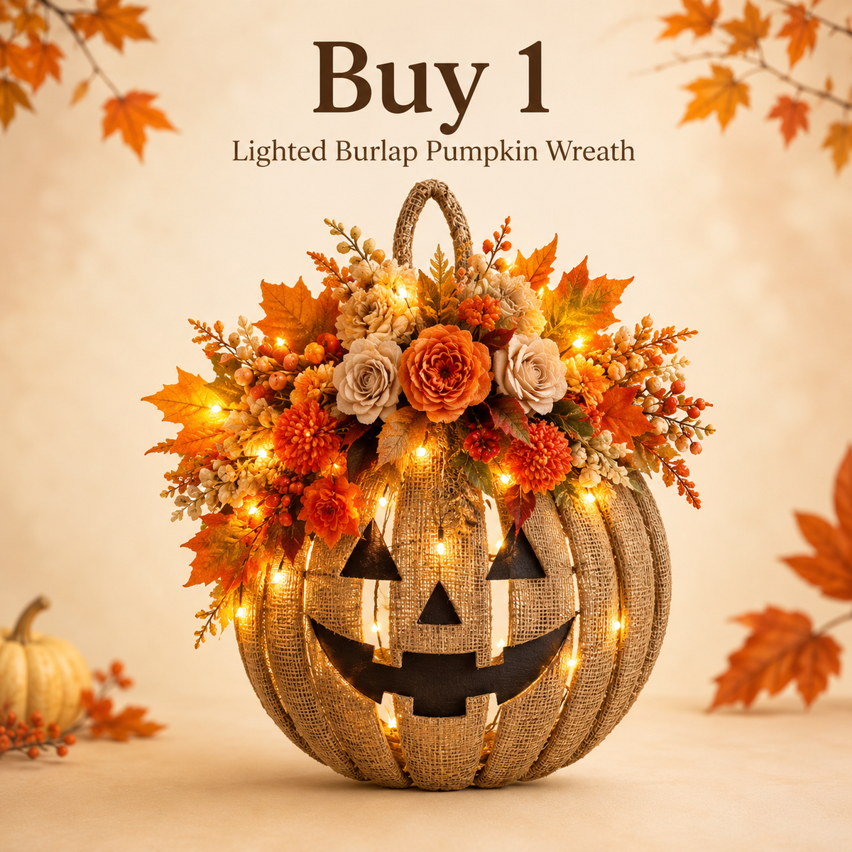 Lighted Burlap Pumpkin Wreath - Farmhouse Fall Halloween Door Decor