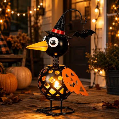 Halloween Crow Candle Holder – Metal Witch Bird Lantern with Pumpkin Wing & Hanging Bat