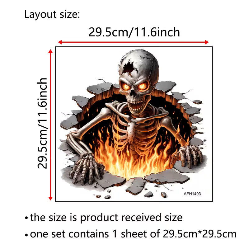 Halloween Skeleton Wall Sticker – 3D Broken Wall Flame Skull Decal for Home, Door & Window Decor