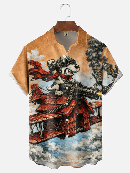 Moisture-Wicking Abstract Airplane & Dog Pattern and Chest Pocket Holiday Hawaiian Shirt