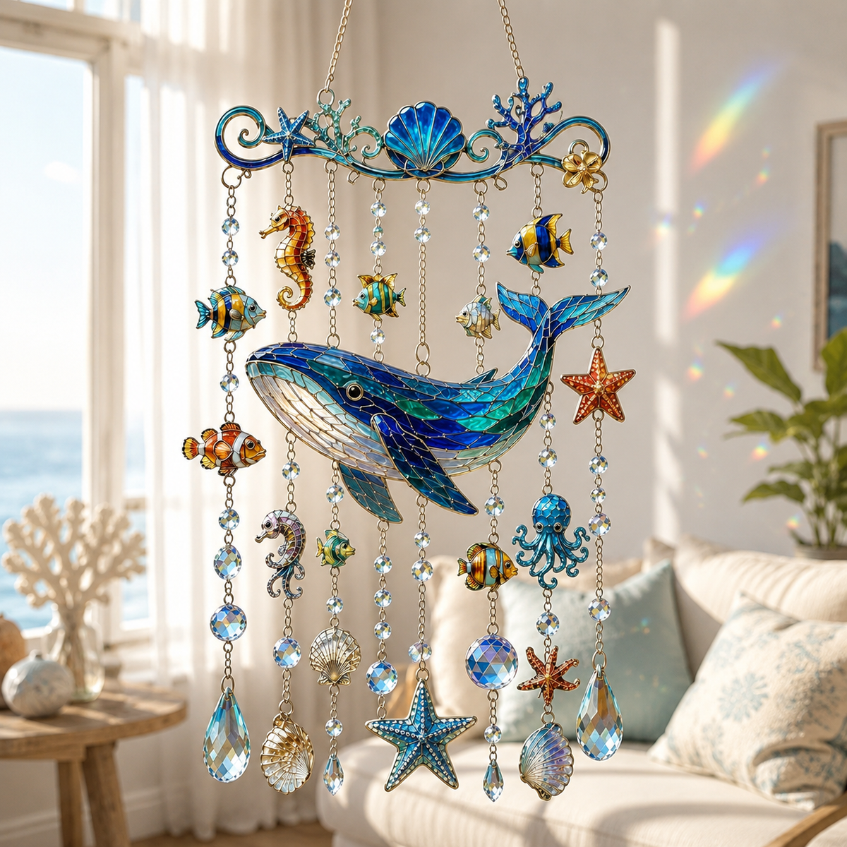 Ocean Sun Catcher Wind Chime - Coastal Style Windows and Porch Crystal Decorations